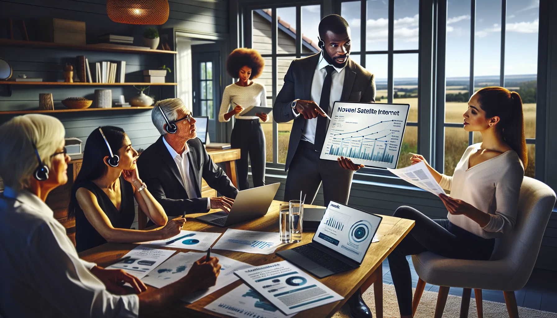 diverse team discussing Earthlink Satellite Internet in a modern home office.