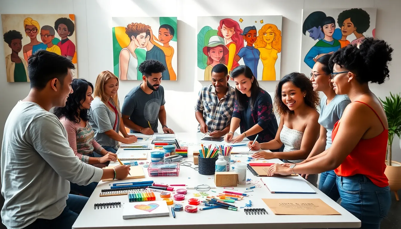 diverse group creating art in an inclusive workshop.