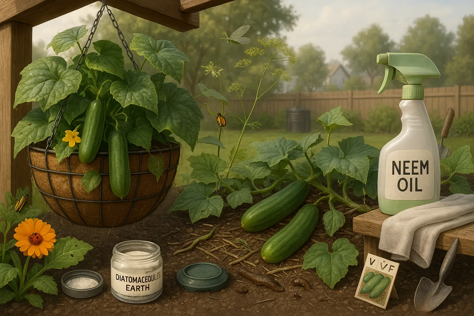 hanging basket cucumber vs ground vine showing pests, disease signs, and organic controls