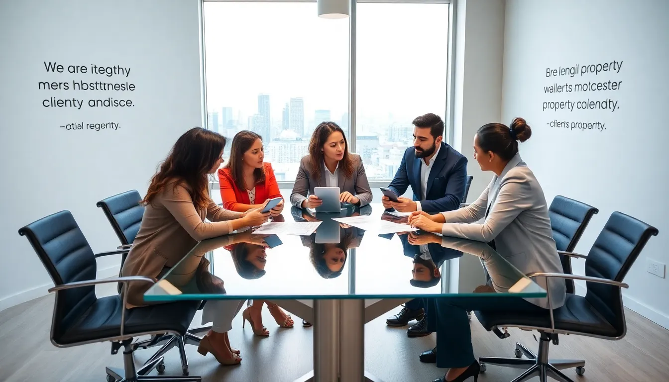 diverse team discussing property management in a modern office.