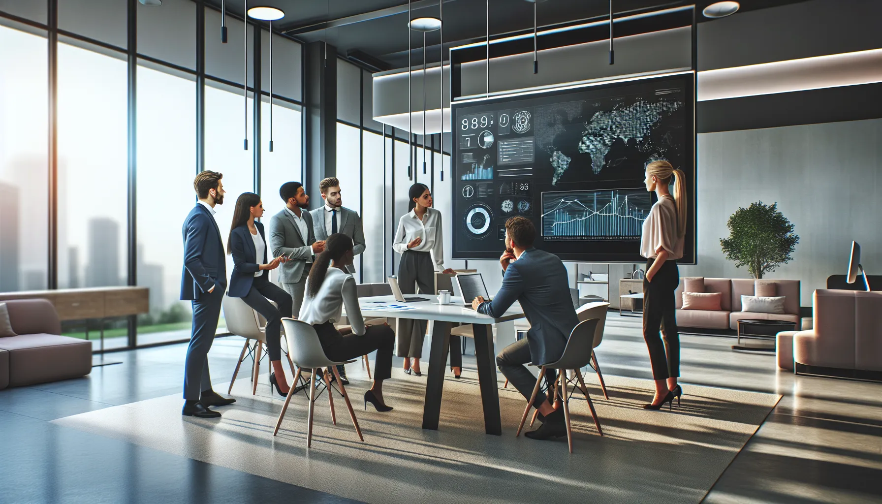 diverse team discussing technology trends in a modern office.