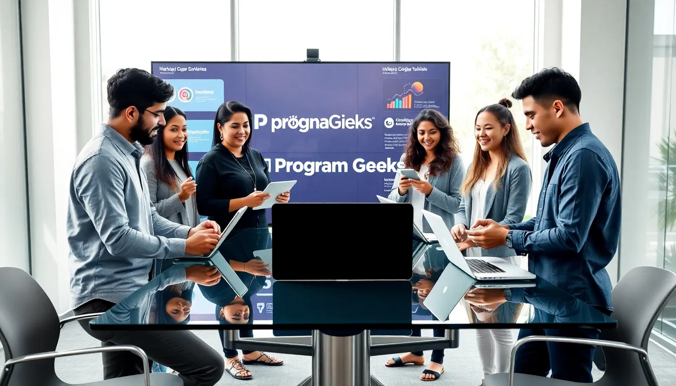 a diverse team collaborating on coding and technology in a modern office.