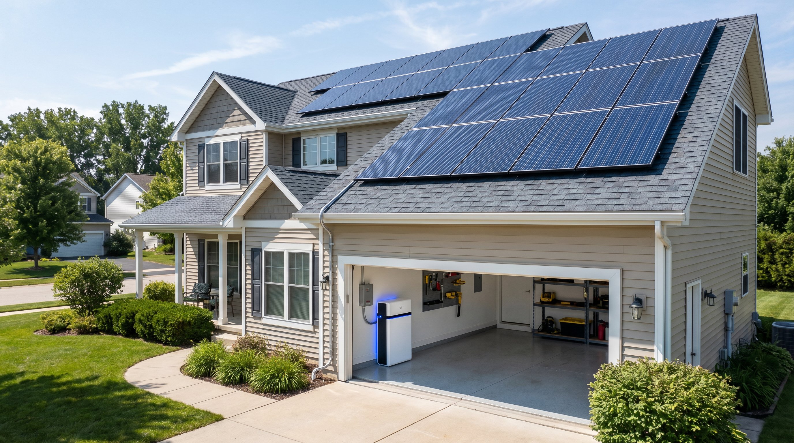 Suburban home with rooftop solar panels and battery storage unit in garage