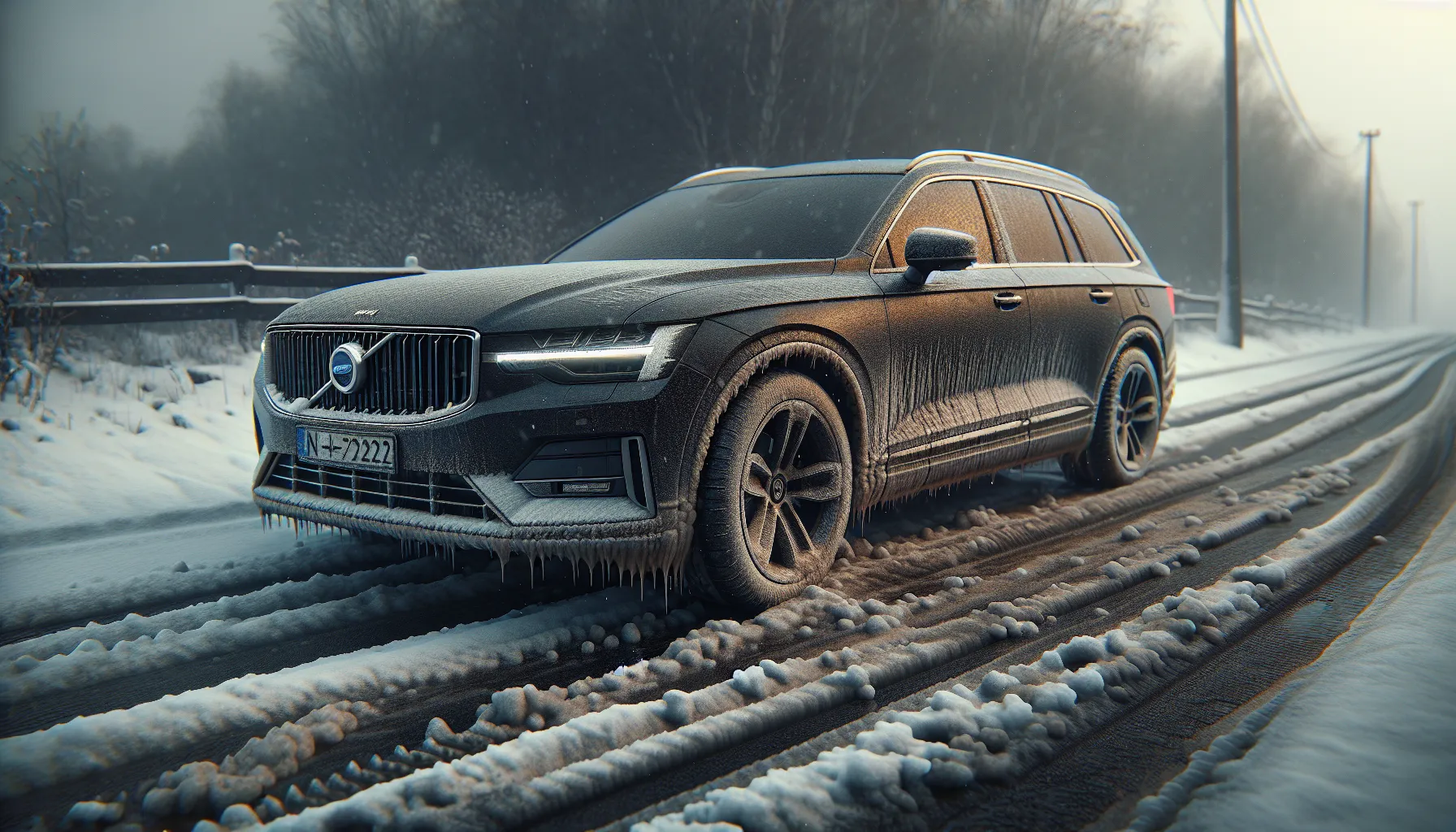 Salt-streaked car in norwegian winter slush with icy road and dim light.