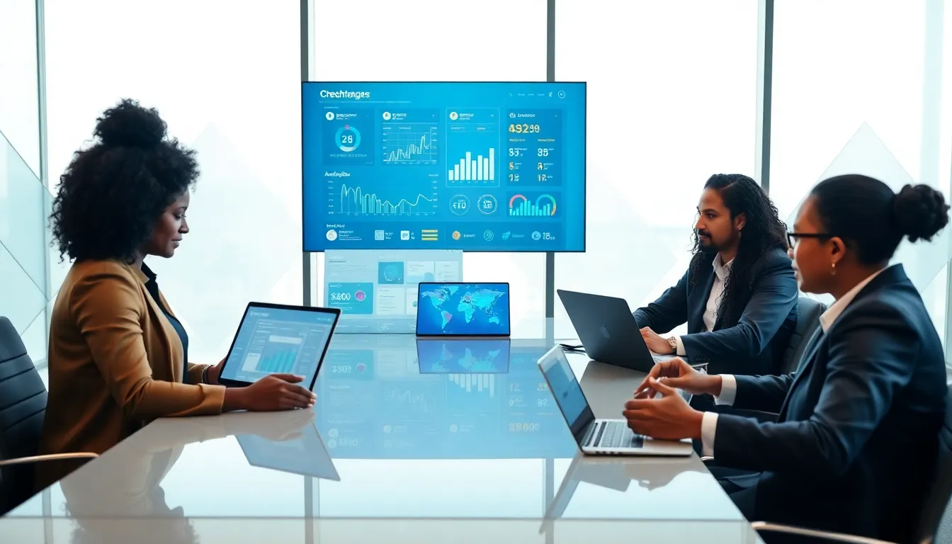 diverse professionals collaborating in a modern office with digital tools.