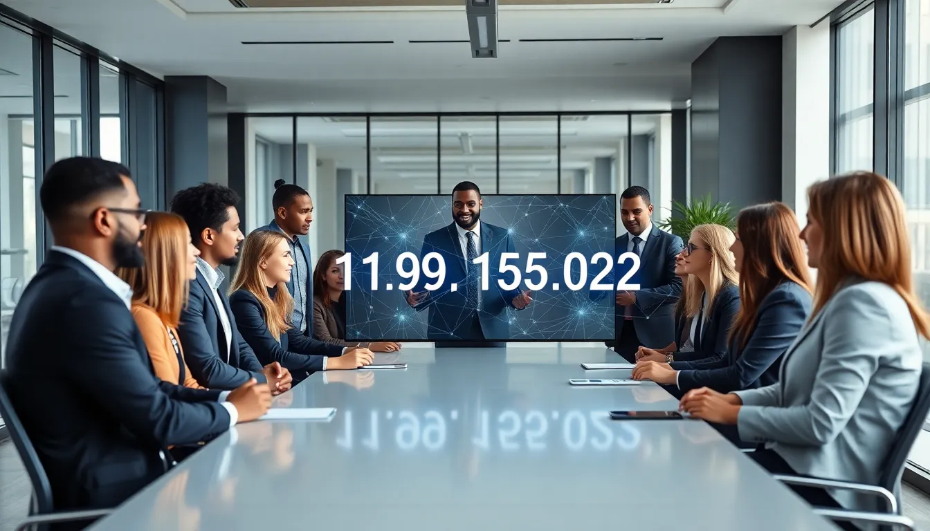 Diverse professionals discussing IP addresses in a modern office.