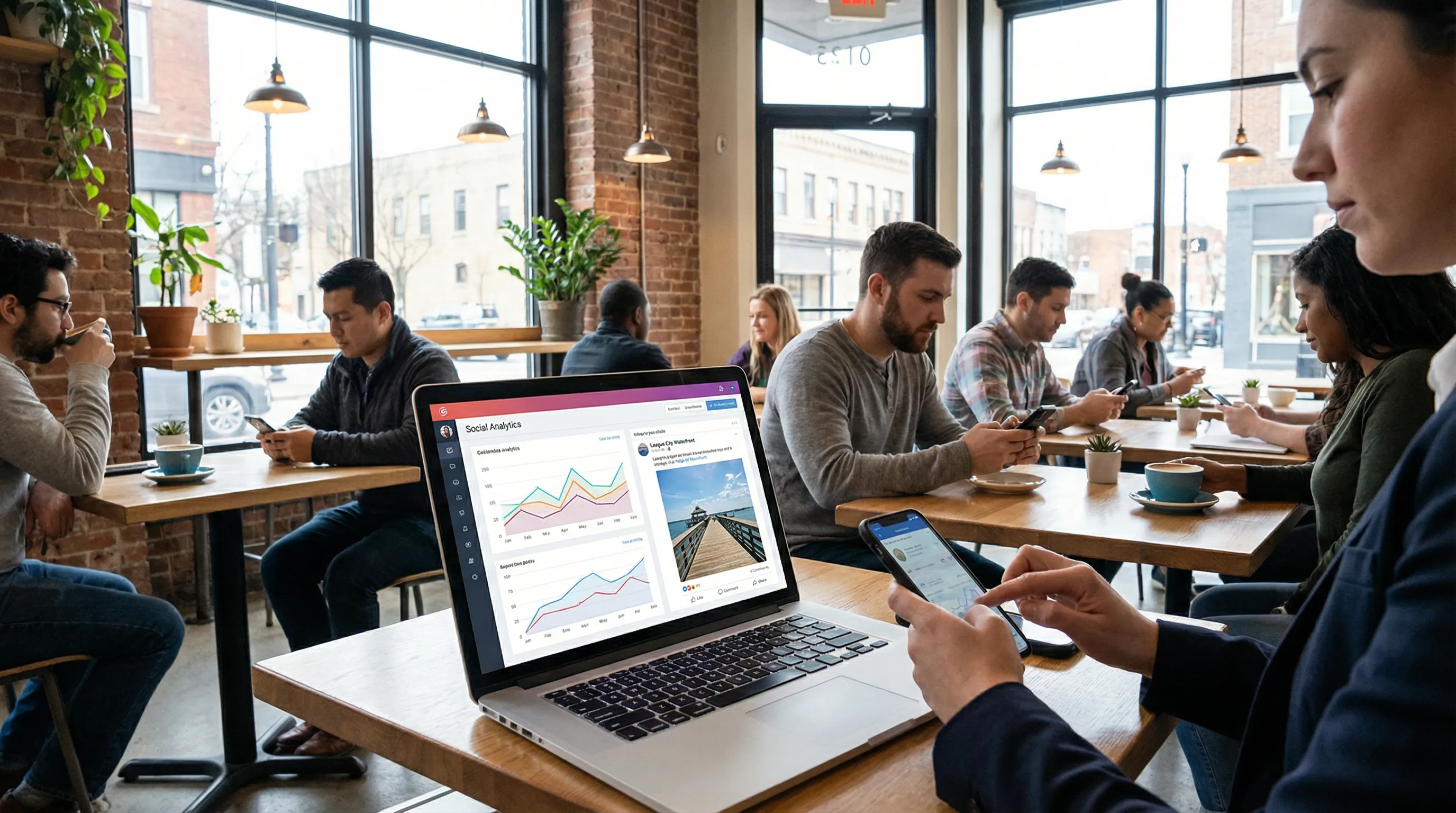 Marketer optimizing social media engagement for a League City audience on a laptop and smartphone in a busy modern cafe.