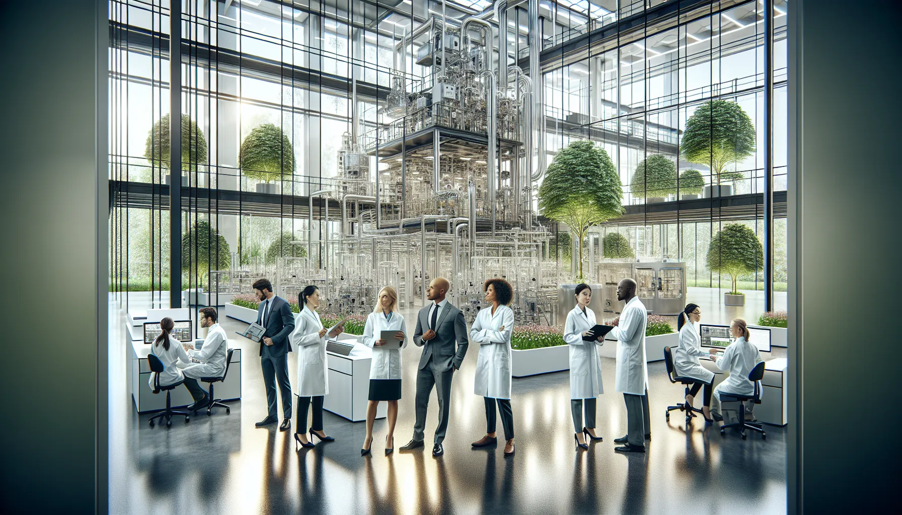 diverse professionals in a modern pharmaceutical lab focused on sustainability.