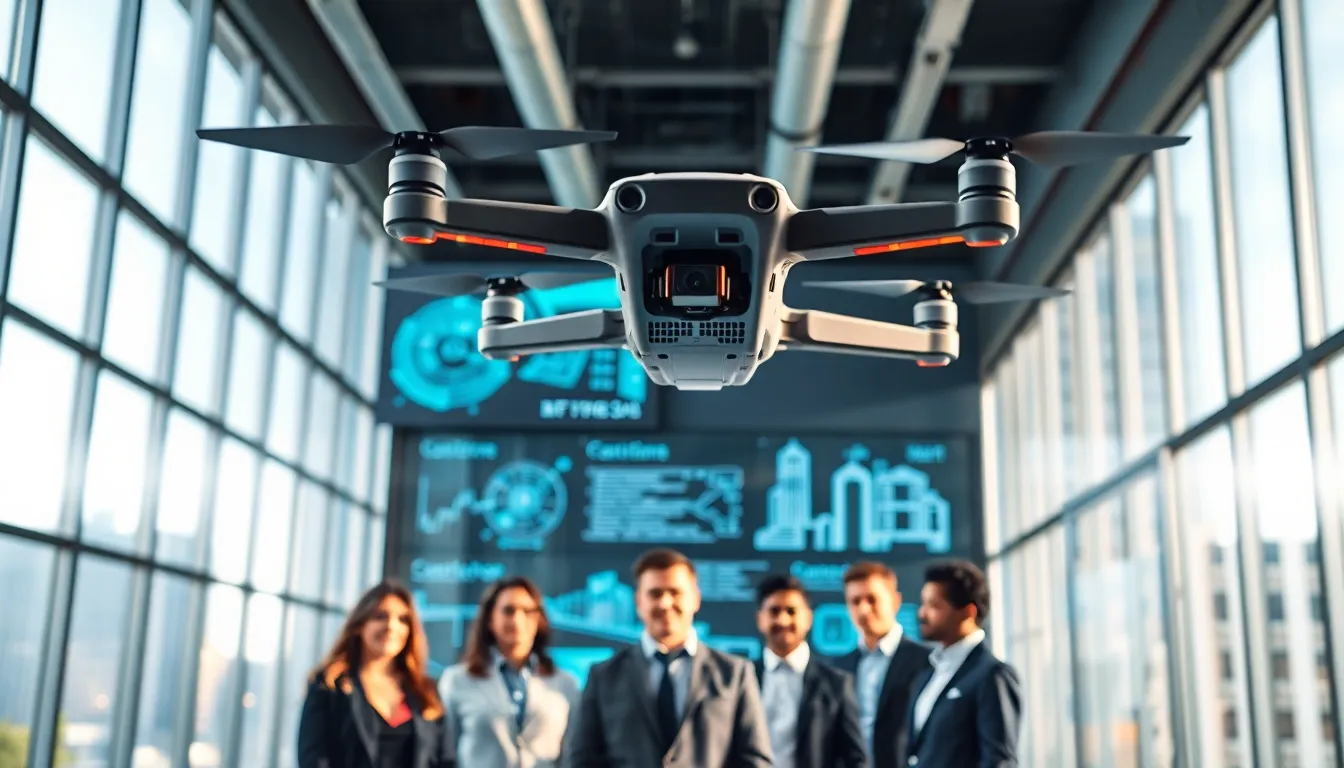 drone operating in a modern urban environment with professionals observing.