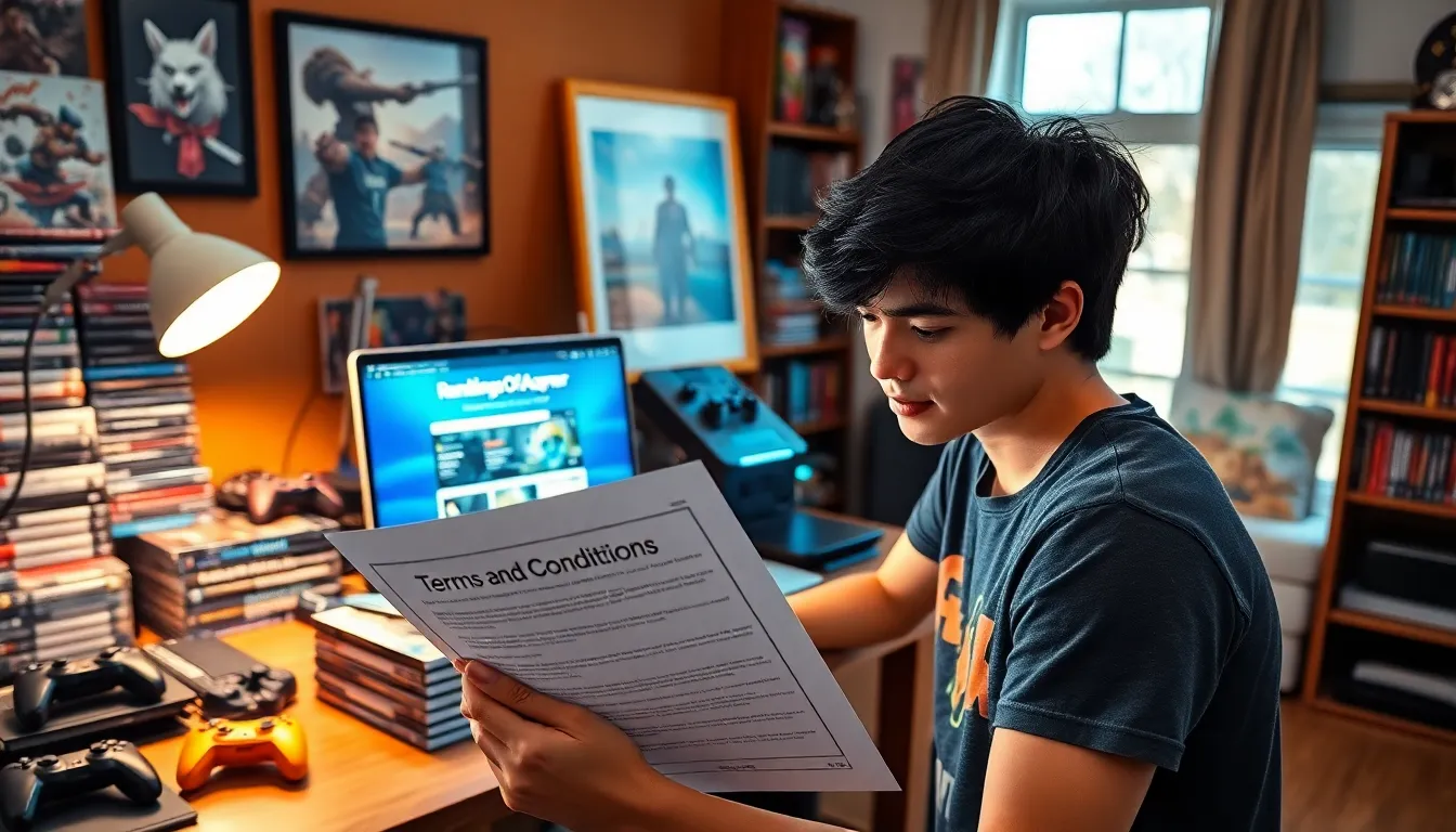 a young adult reviewing terms and conditions at a gaming desk.