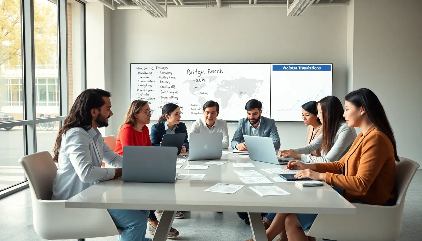 diverse team collaborating on translation in a modern office.