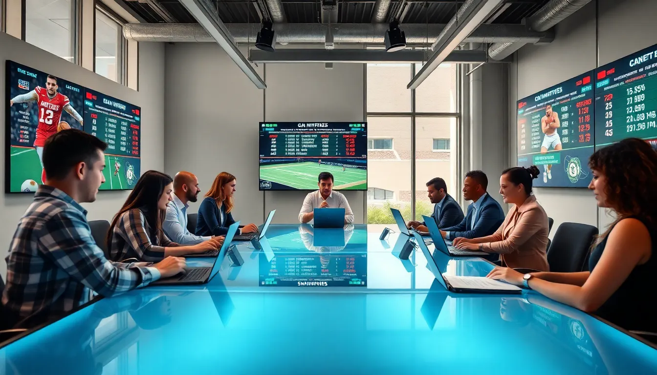 diverse team discussing sports updates in a modern office.