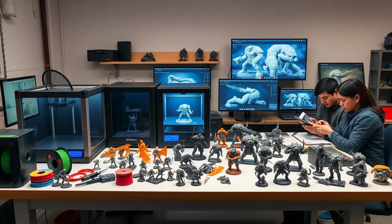 diverse group working on Warhammer 40K miniatures in a 3D printing workshop.