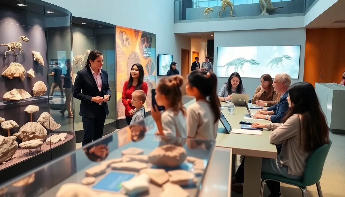 students exploring interactive exhibits in a modern life science museum.