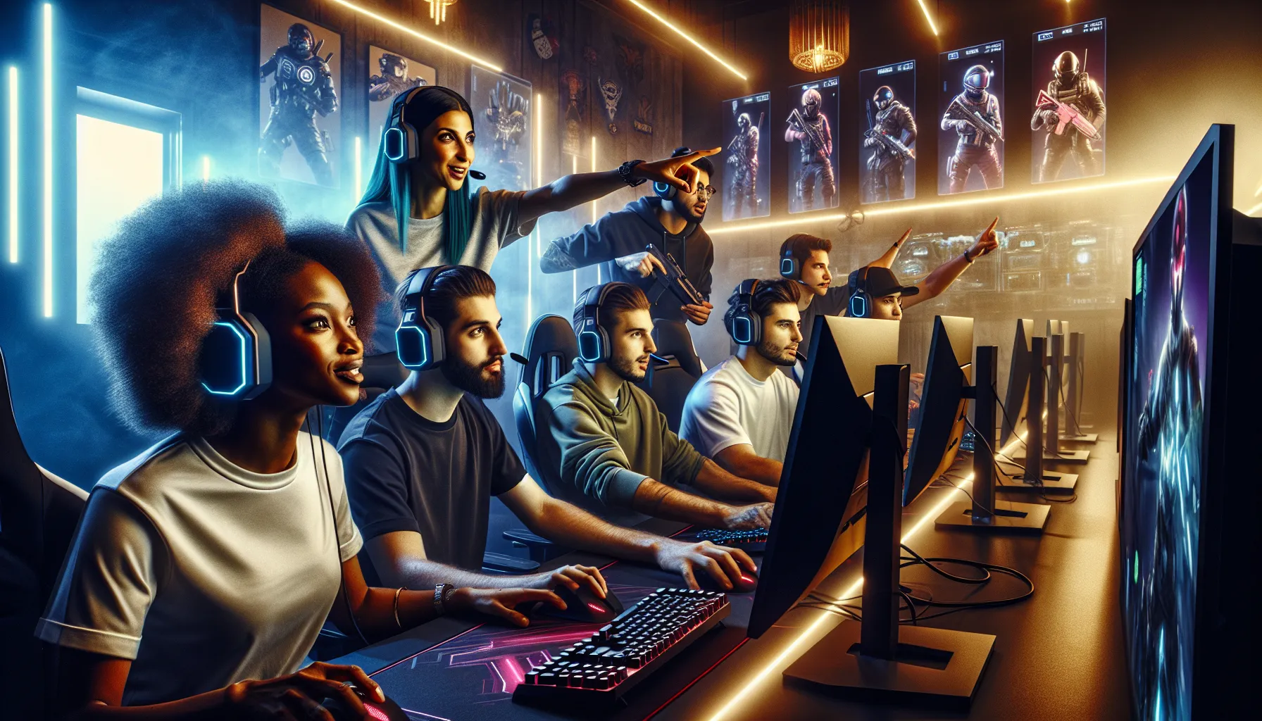 diverse gamers strategizing in a modern gaming setup.