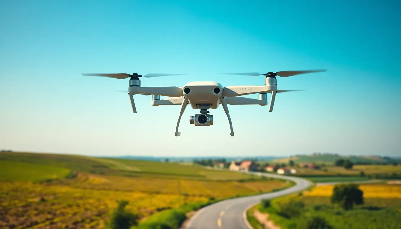 modern drone flying over a rural landscape in the UK.