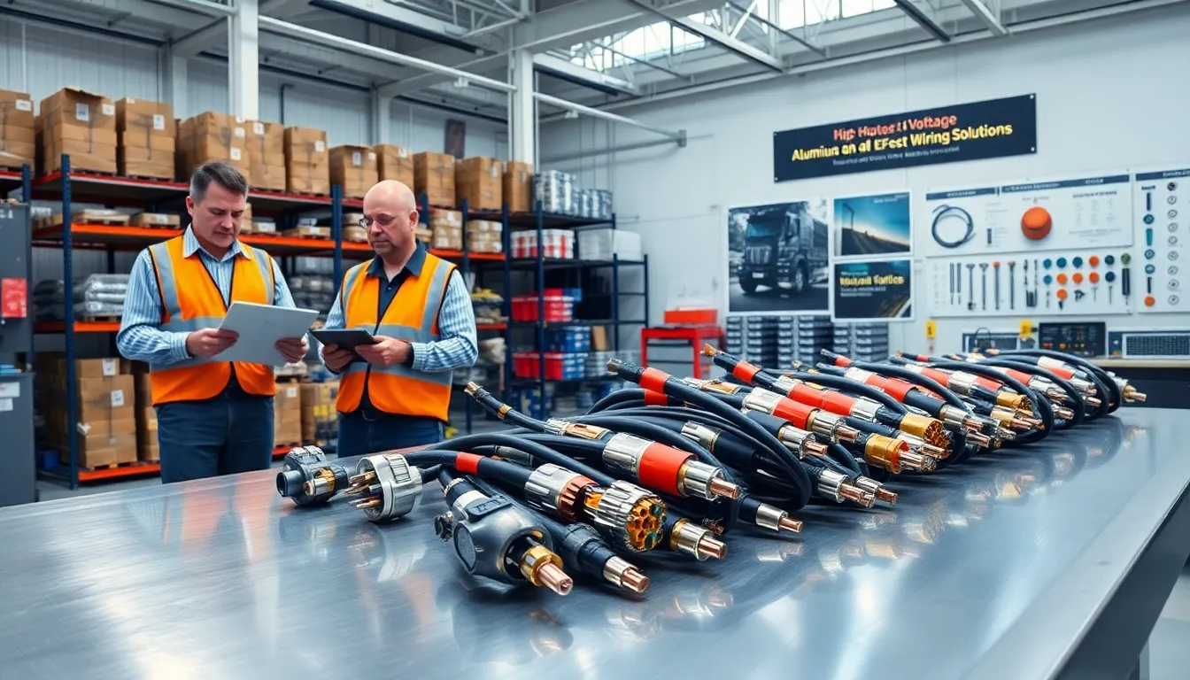 Engineers inspecting high-quality truck wiring harnesses in a modern US factory.