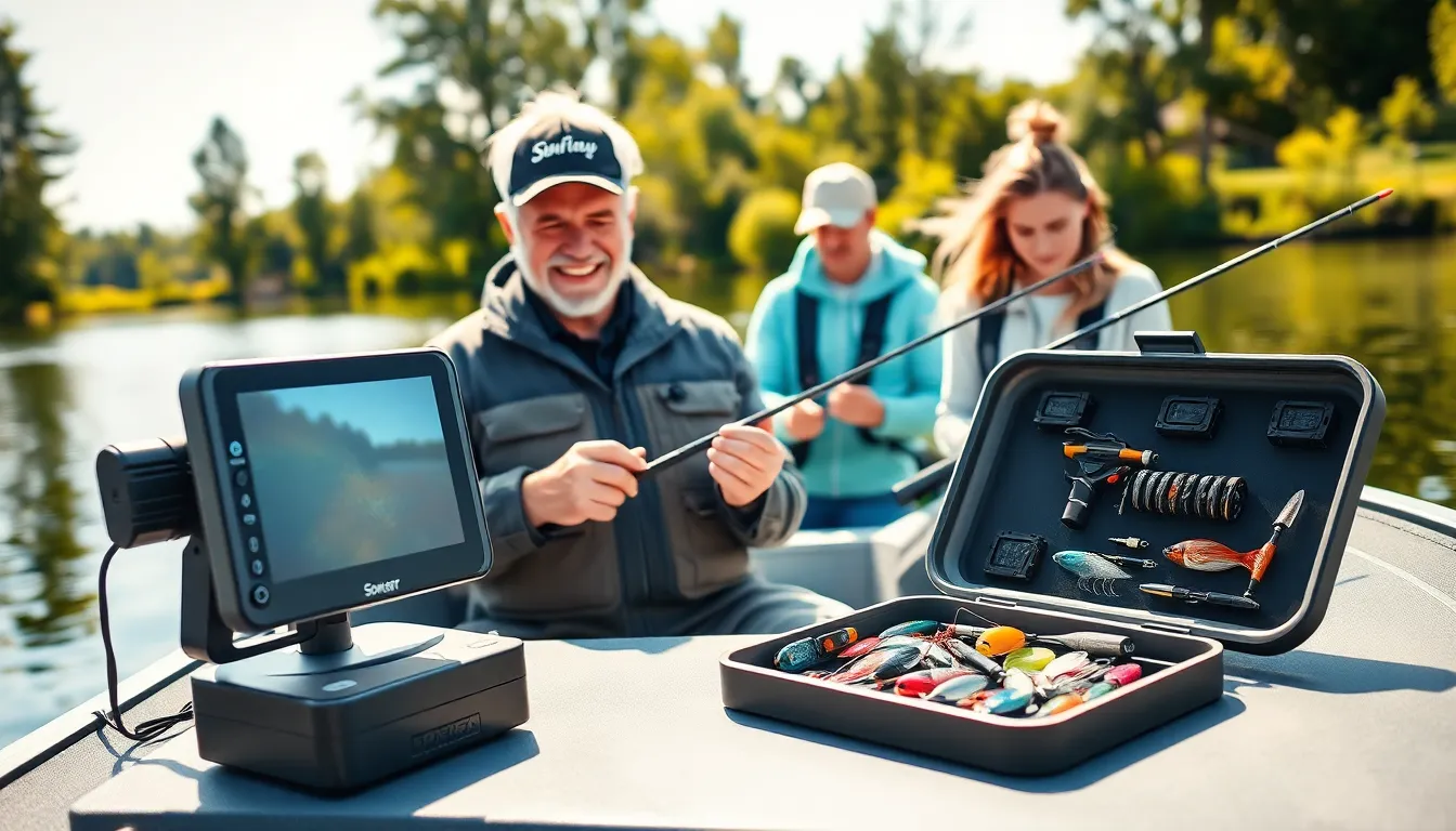 diverse anglers using advanced fishing gadgets by a tranquil lakeside.