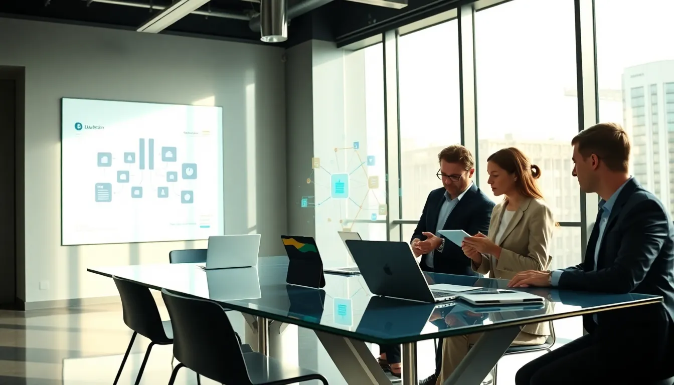 diverse professionals discussing blockchain technology in a modern office.