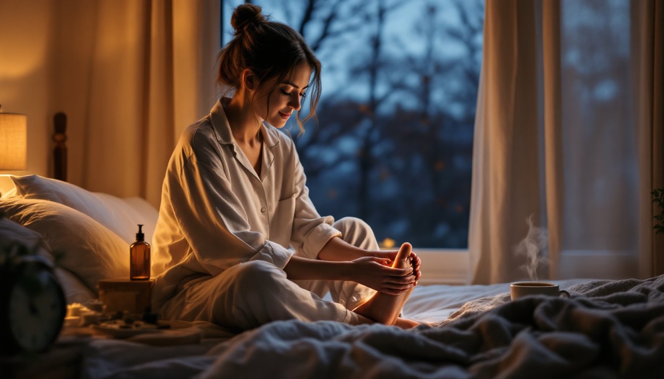 A woman massaging warm sesame oil on her foot before bed at night.