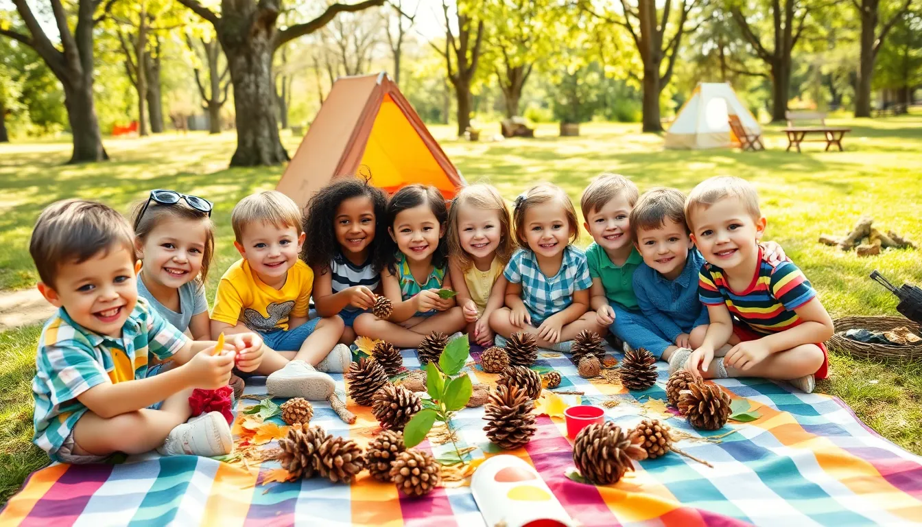 preschoolers crafting outdoor projects at a picnic blanket.