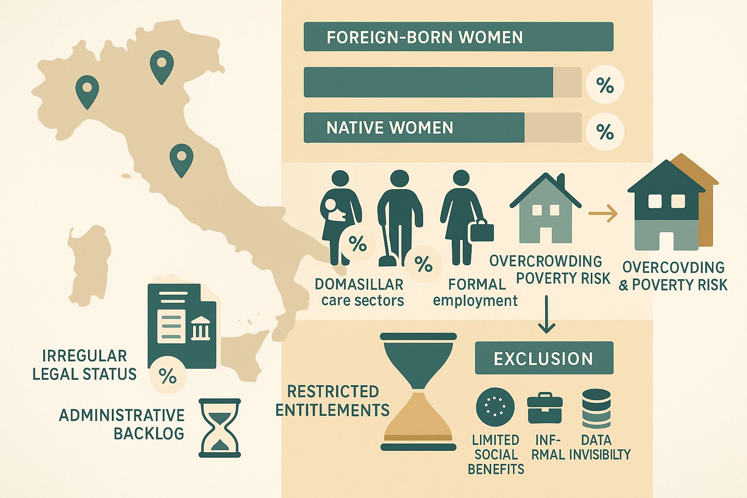 Infografica che mostra disparità e barriere amministrative per le donne immigrate in Italia.