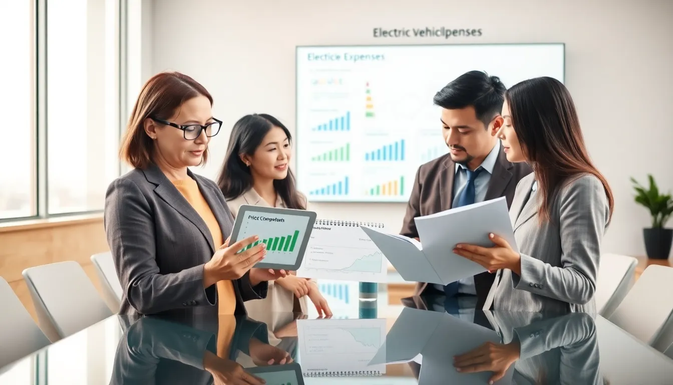 individuals discussing electric vehicle costs in a modern office.