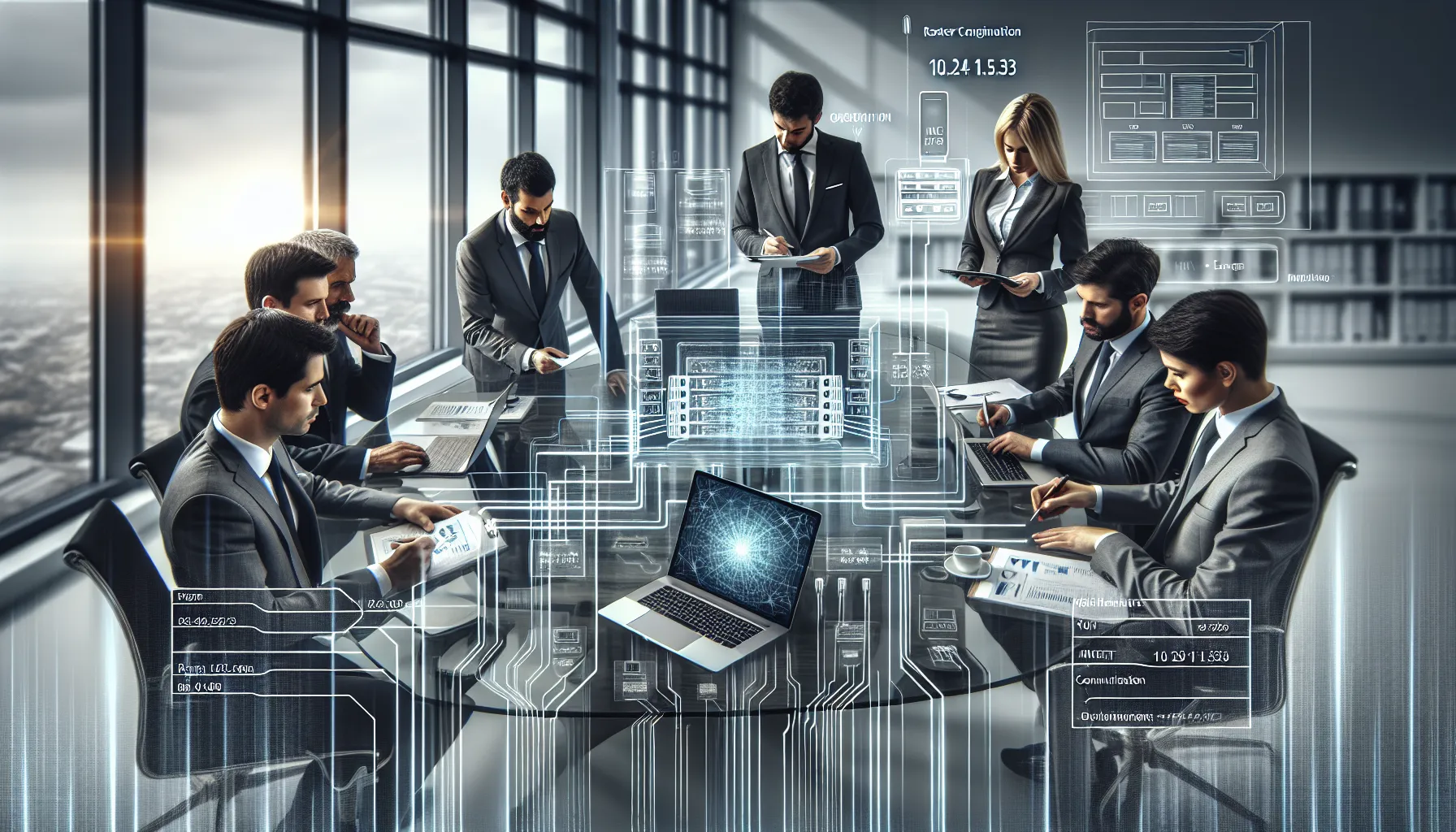 IT professionals collaborating on network configuration in a modern office.