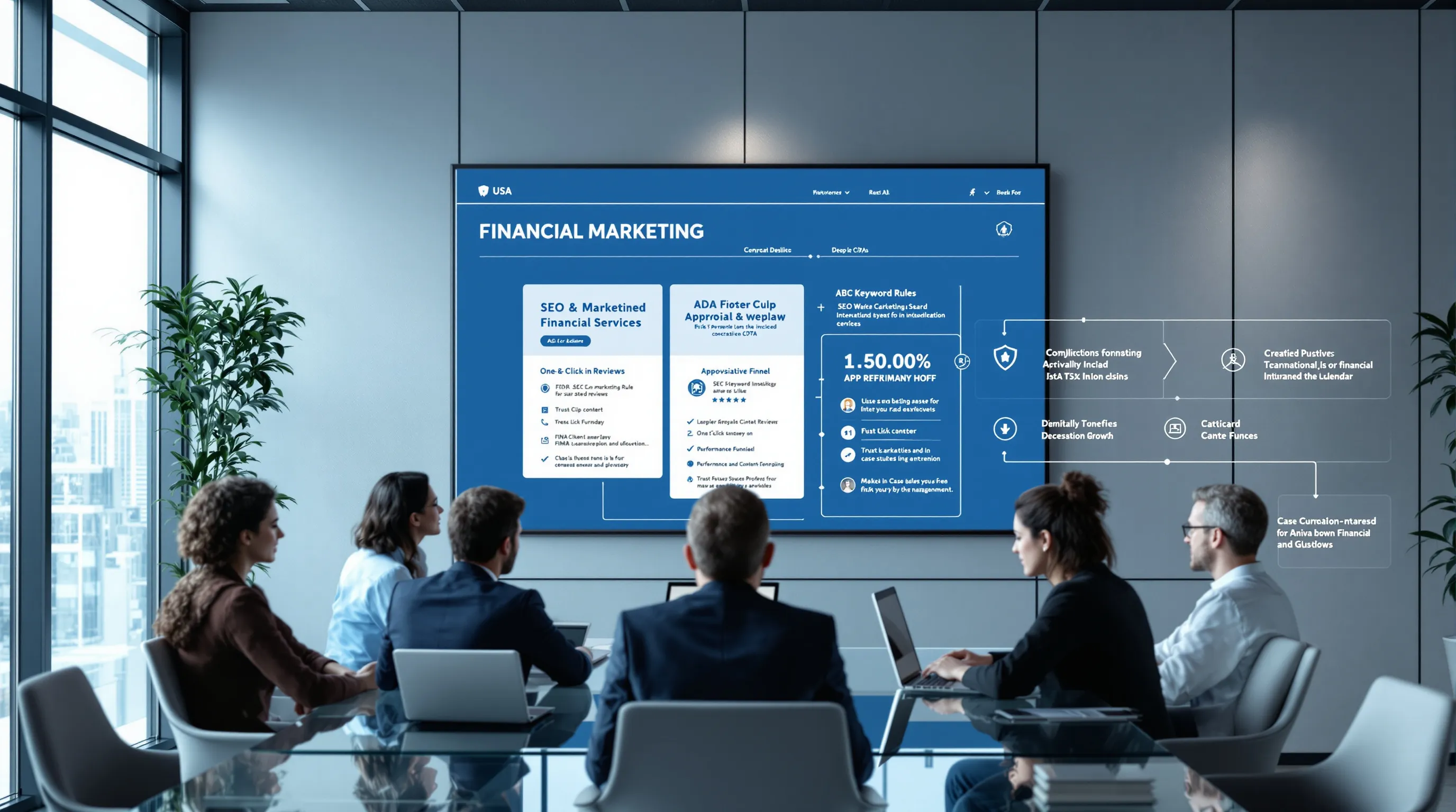 Diverse U.S. agency team reviews compliant financial marketing dashboards in modern office.