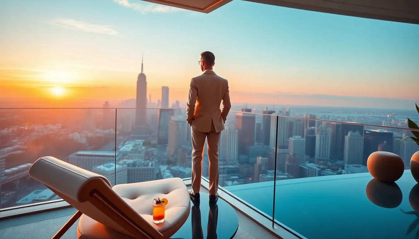 solo traveler enjoying a luxurious sunset view from a balcony.