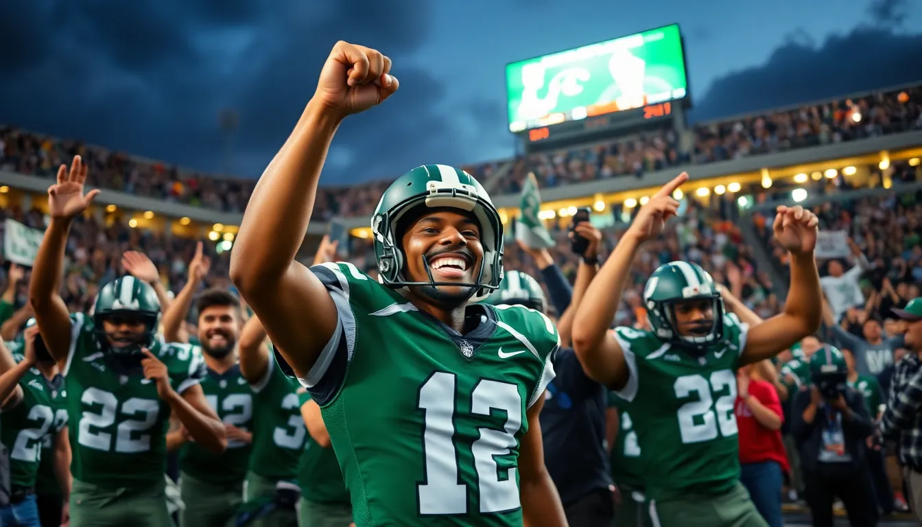 an underdog football team celebrating an unexpected victory in a packed stadium.