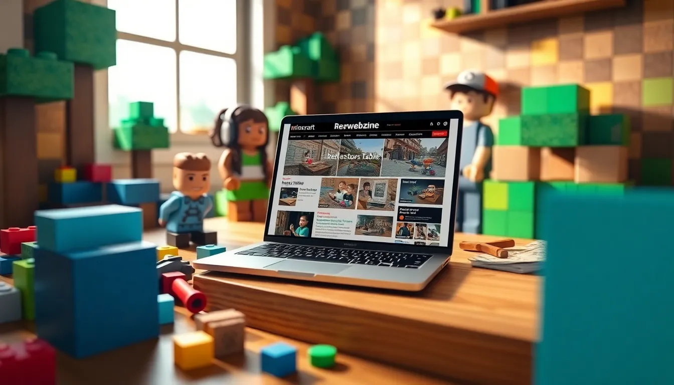 a gaming desk with a laptop showing Redwebzine and Minecraft characters.