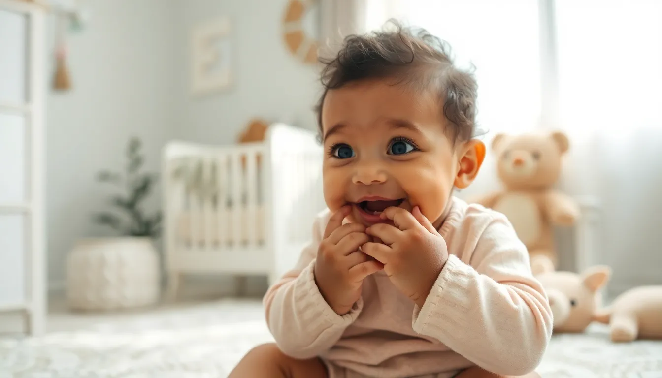 Baby exploring their environment by chewing on their hands.