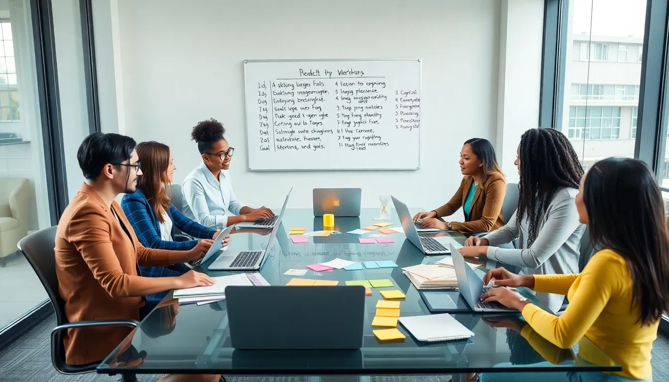 professionals collaborating on monthly goal setting in a modern office.