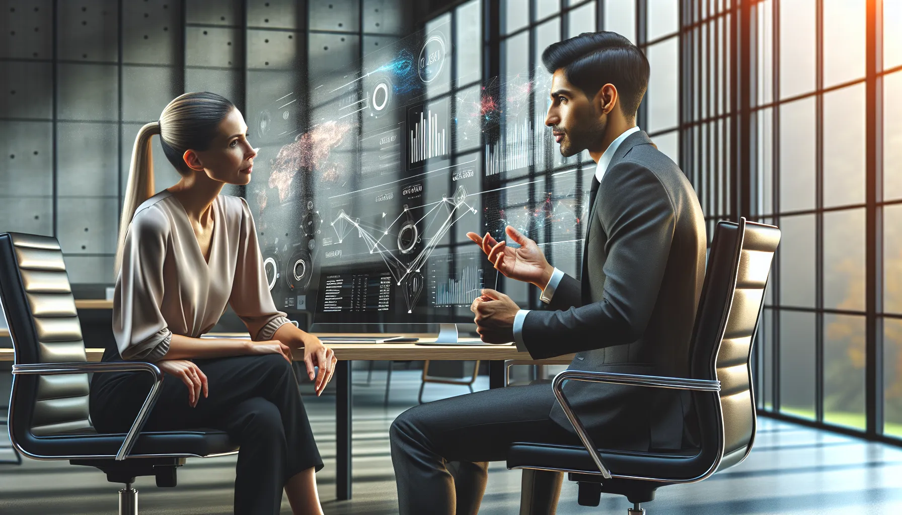 professionals discussing future telecom trends in a modern office.