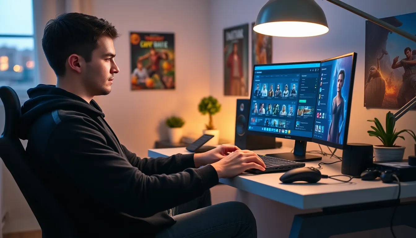 A young man creating characters on his laptop at a gaming desk.