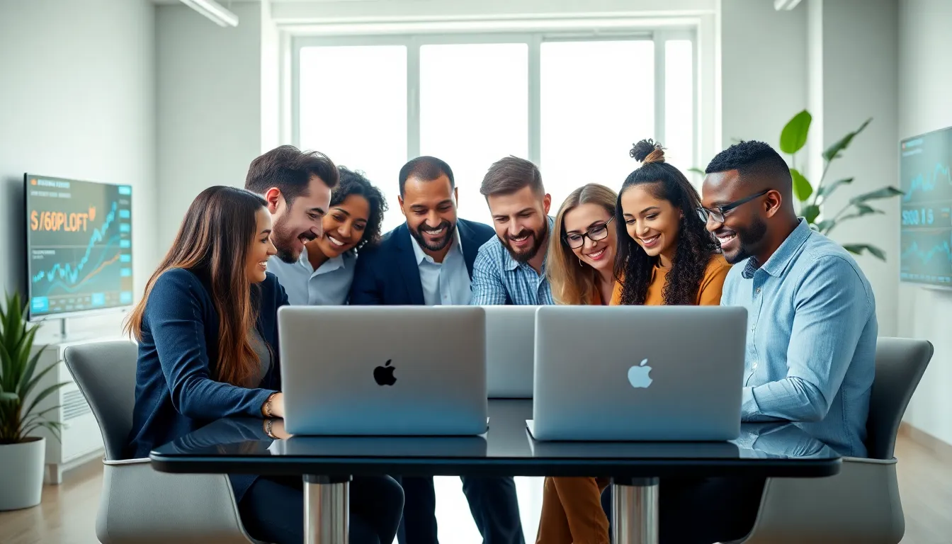 diverse professionals collaborating on cryptocurrency in a modern office.