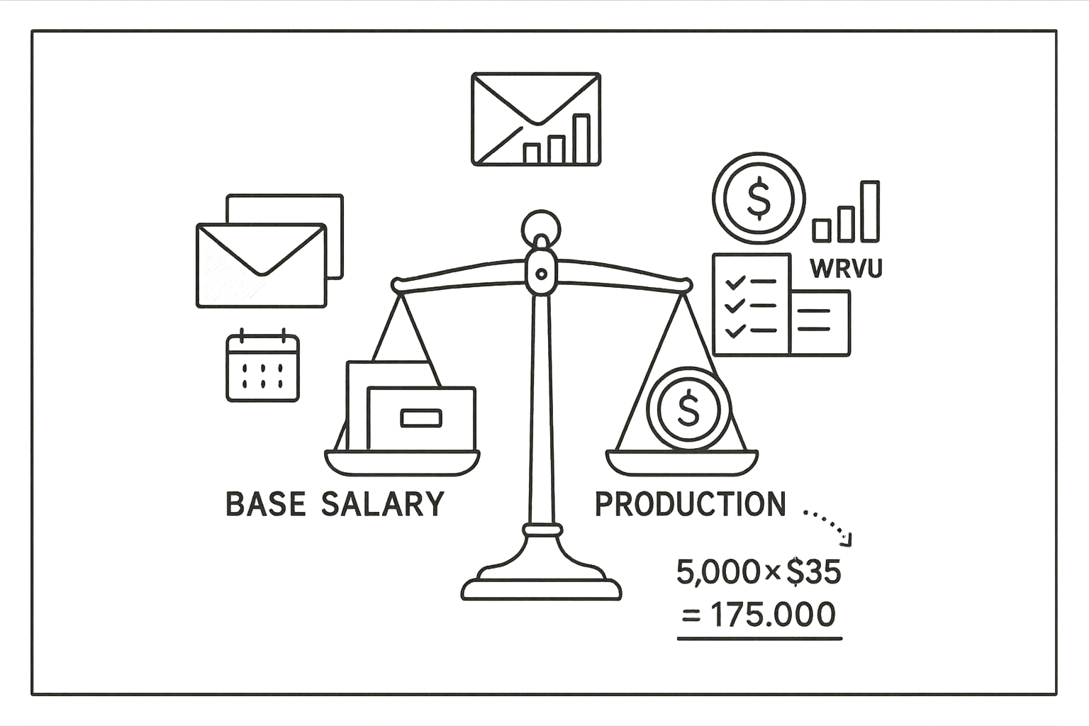 A line-art scale comparing base salary and Physician Assistant Base Salary Vs Production Pay.
