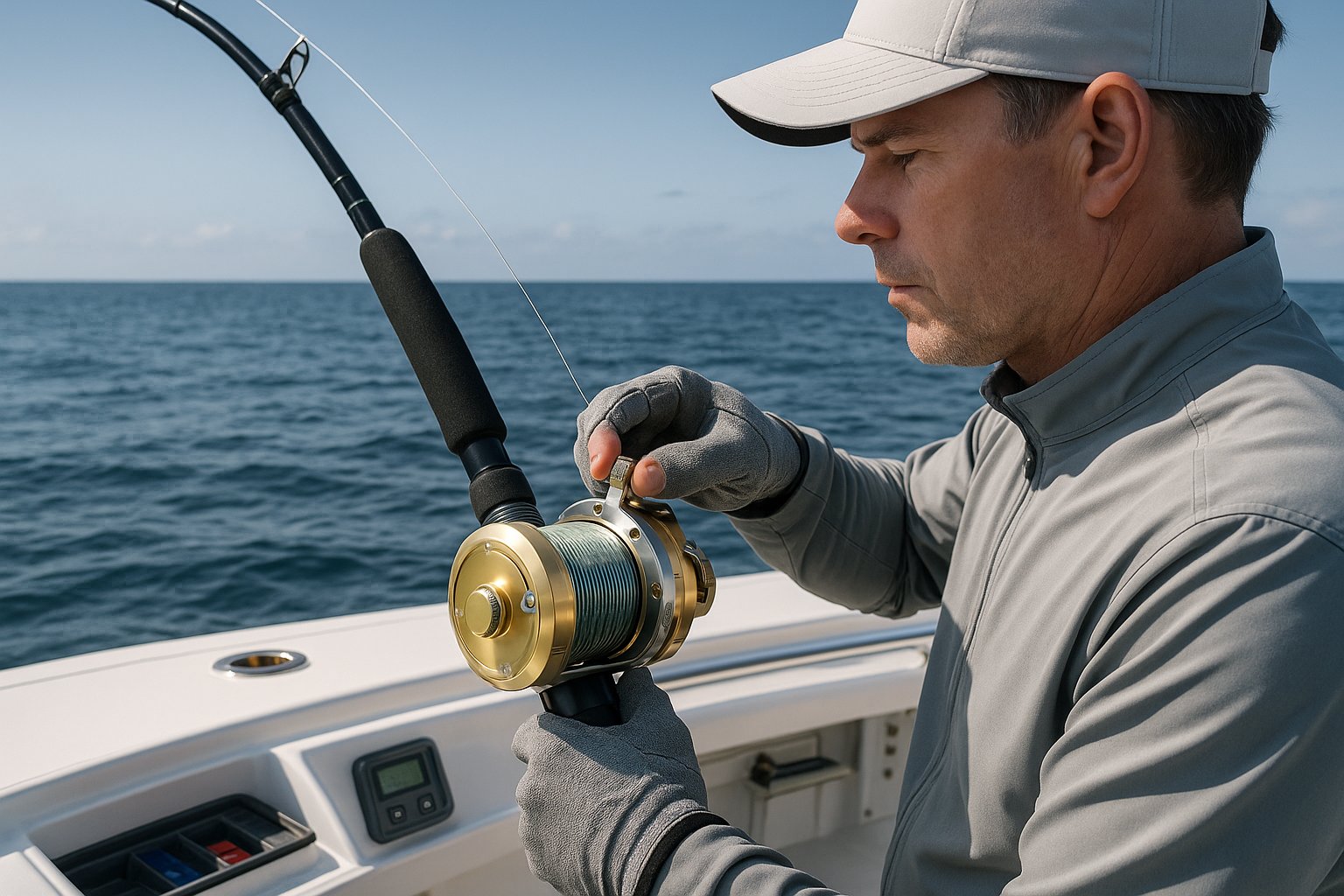 Angler adjusting reel drag while fighting a big fish offshore.