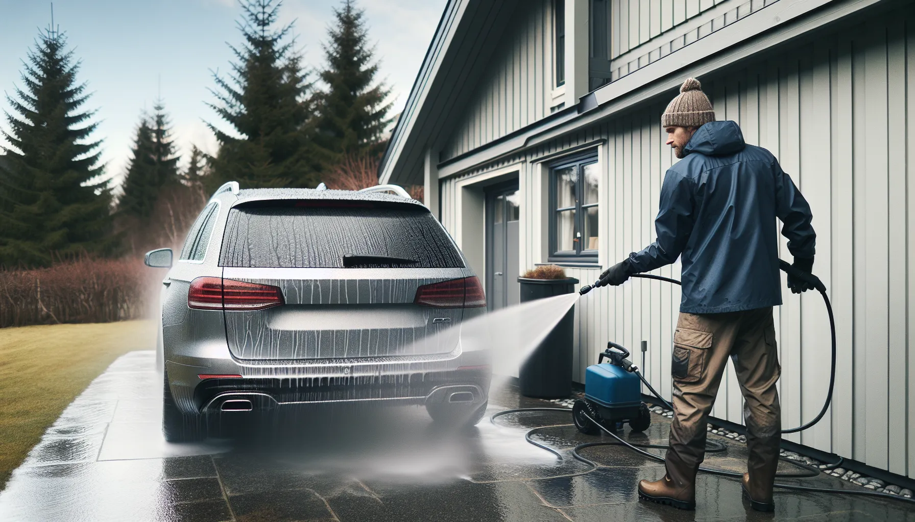 Hvordan bruke høytrykkspyler uten å skade lakken 1 Person pressure-washing a car at safe distance with a wide fan spray.