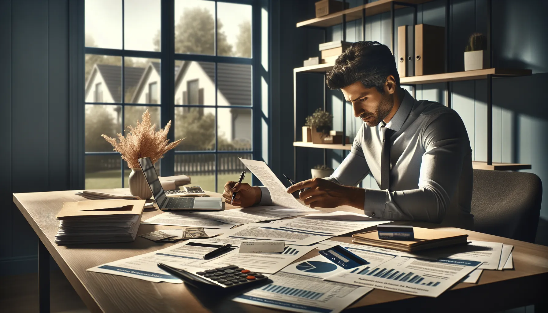 Person reviewing finances in a home setting with credit-related items.