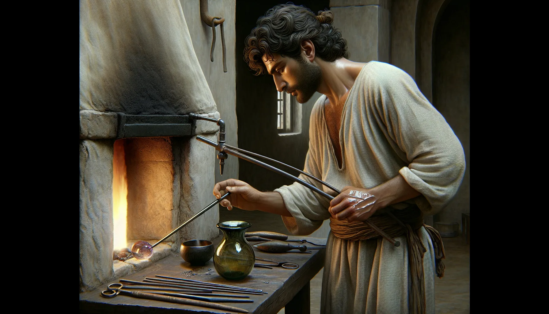 Levantine glassblower shaping a small bottle beside a glowing furnace.