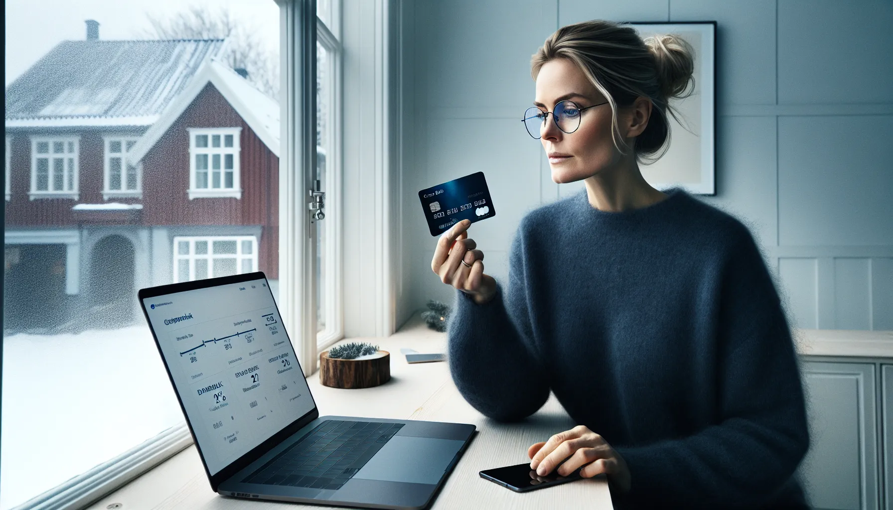 Kredittkort for småbedriftseiere: hva bør du vite? 3 Norwegian small business owner comparing credit and charge cards with rewards dashboard.
