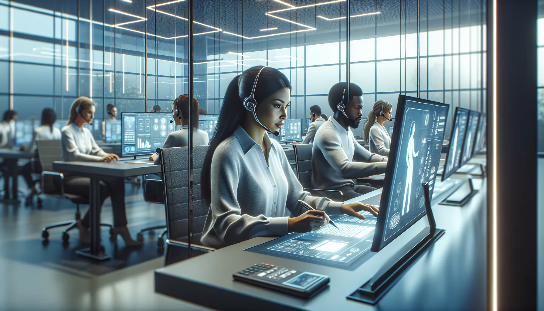 diverse customer service team working in a modern call center.