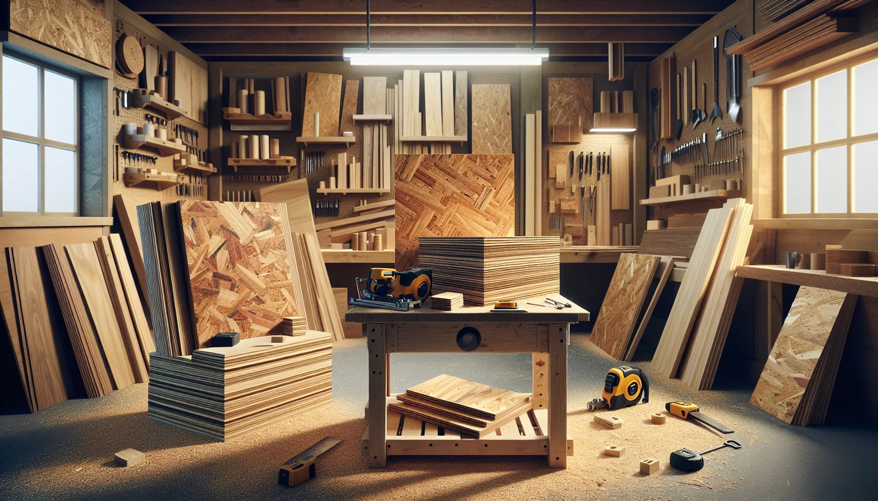 A plywood and OSB sample displayed in a workshop context.