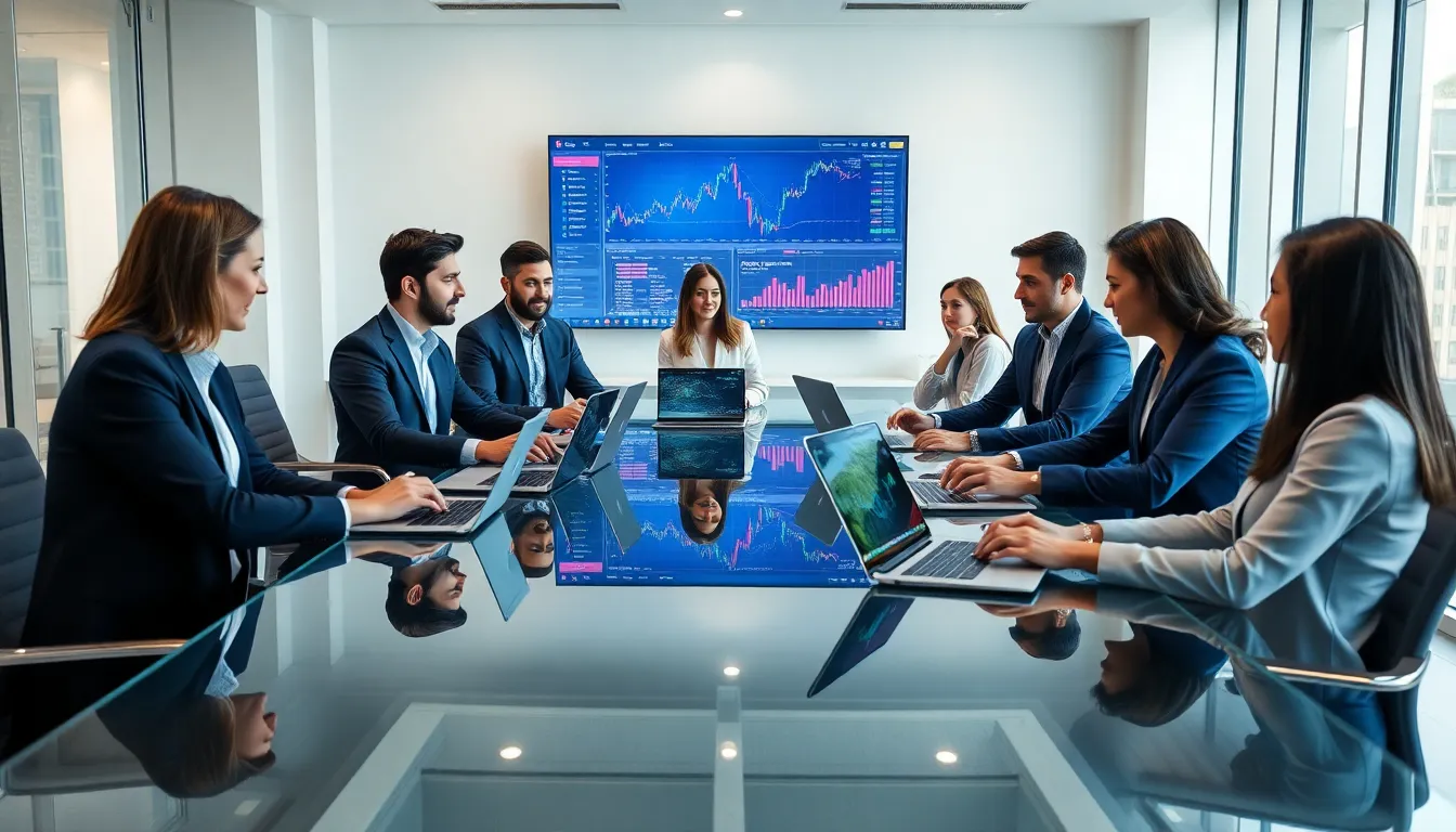 diverse professionals collaborating in a modern office on trading innovations.