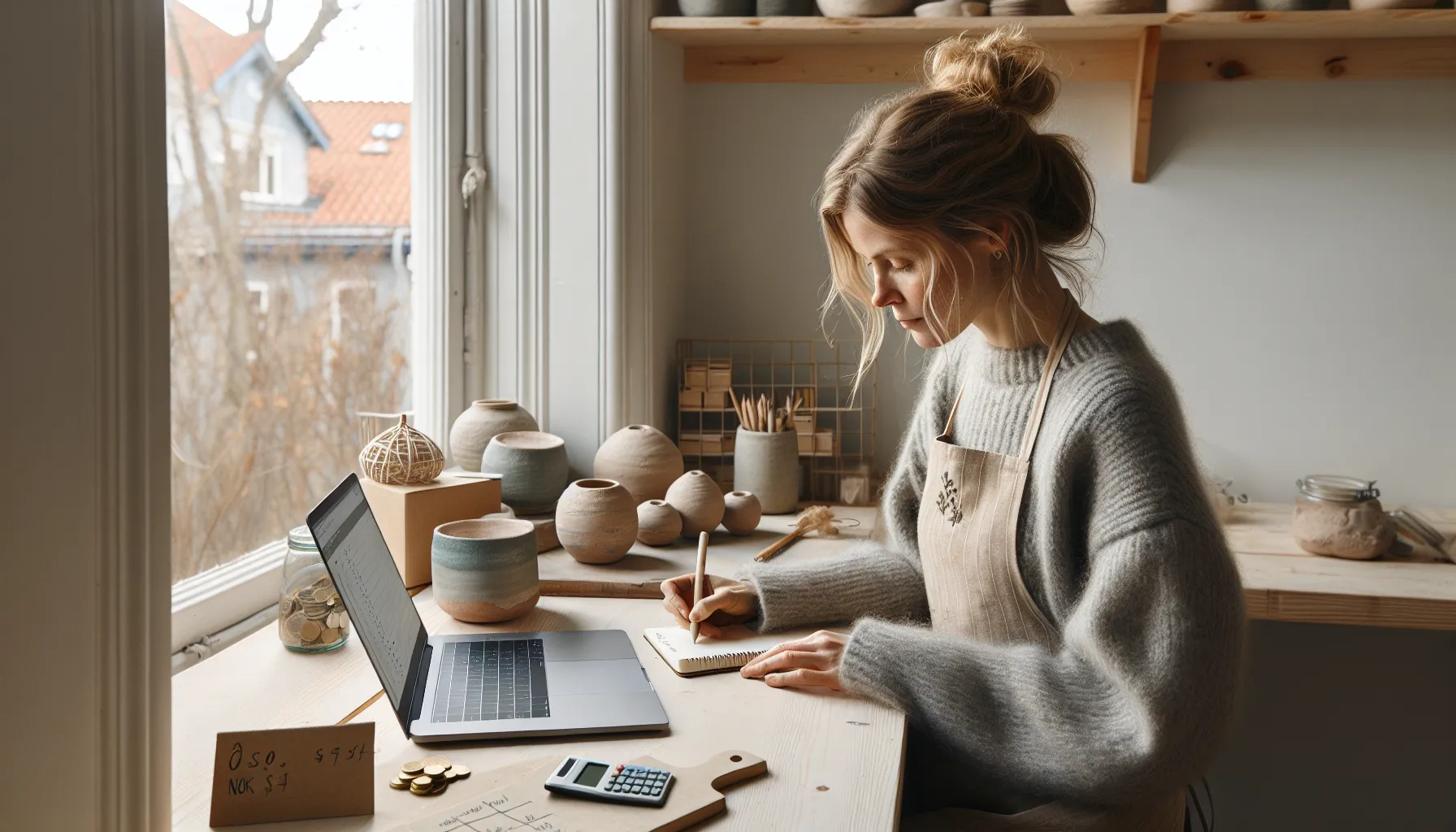 Hvordan tjene penger på å selge håndlagde produkter på etsy 3 Norwegian etsy seller calculates pricing with spreadsheet, calculator, and packaging materials.