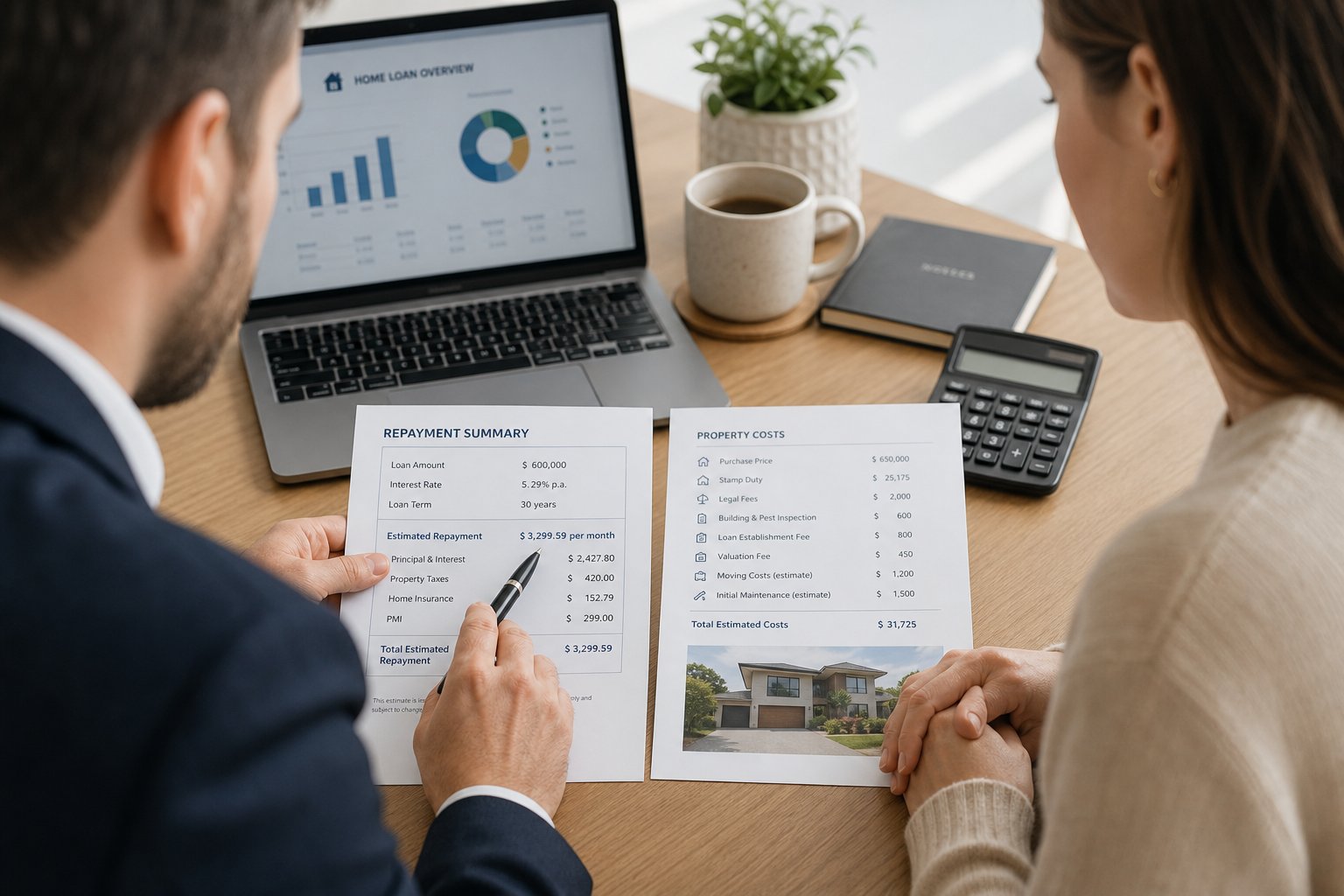 Close view of a commercial mortgage discussion with paperwork, laptop, and repayment figures.