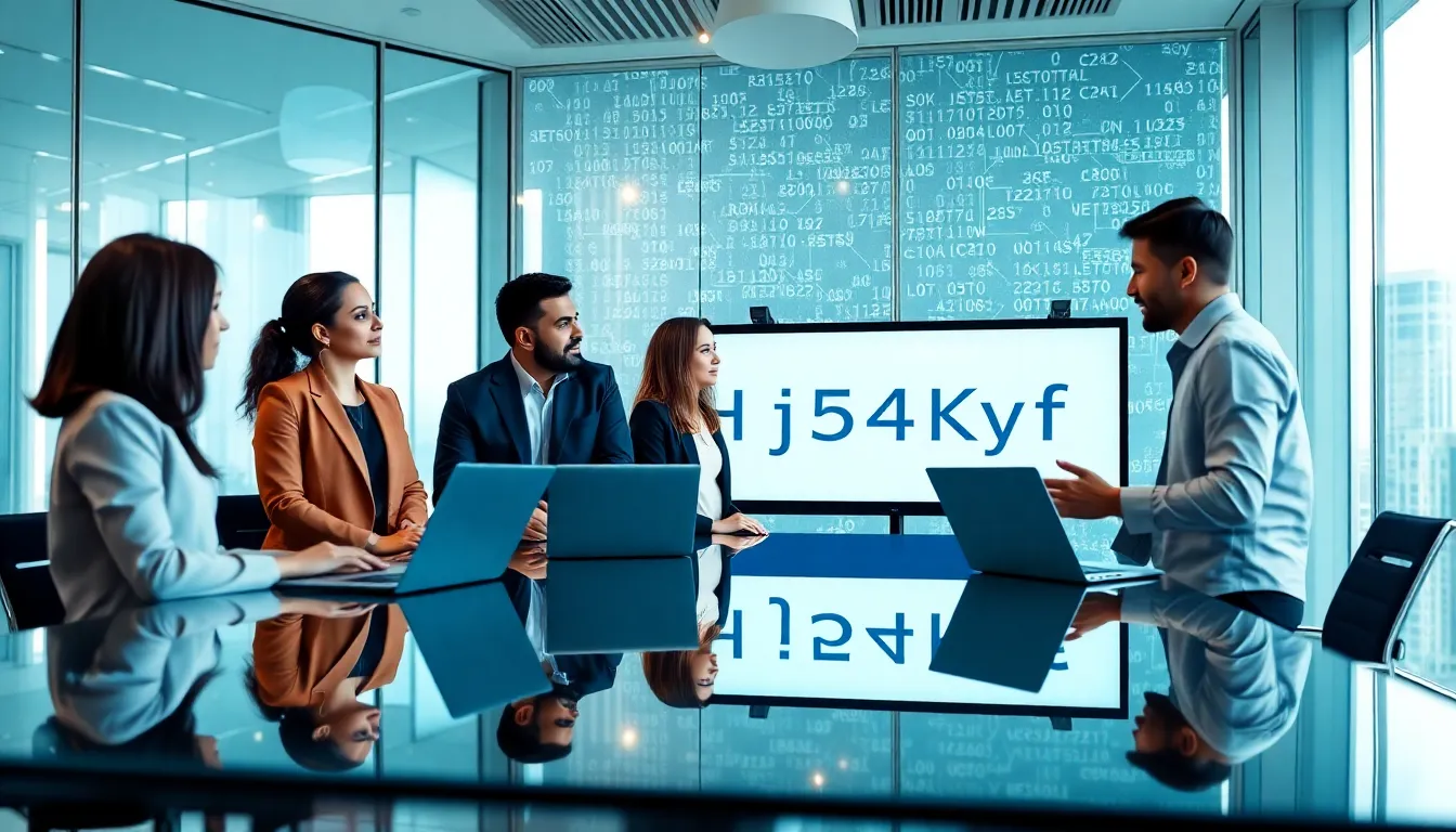 diverse tech team discussing Hj54Kyf in a modern conference room.