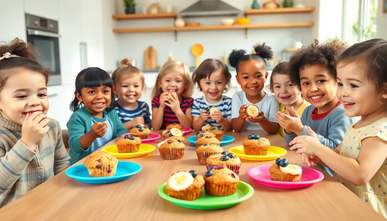 toddlers happily enjoying muffins in a bright kitchen setting.